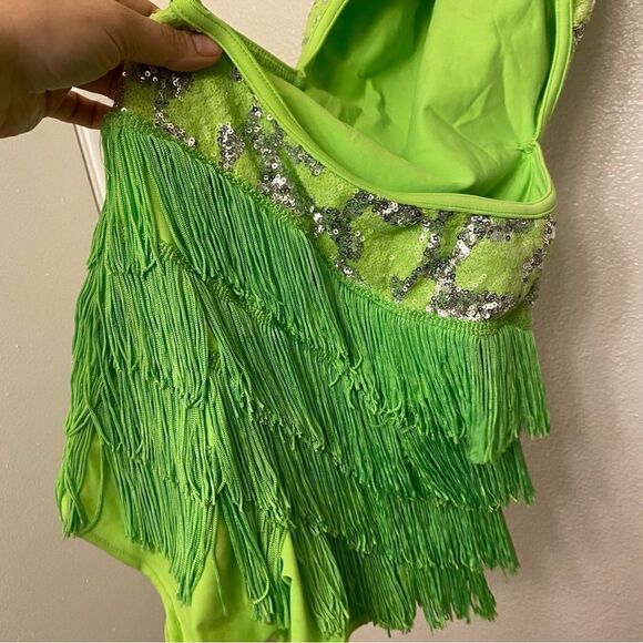 WEISSMAN Dance Costume neon green fringe sequins dress Feel This Moment 8638 SA - Picture 7 of 11